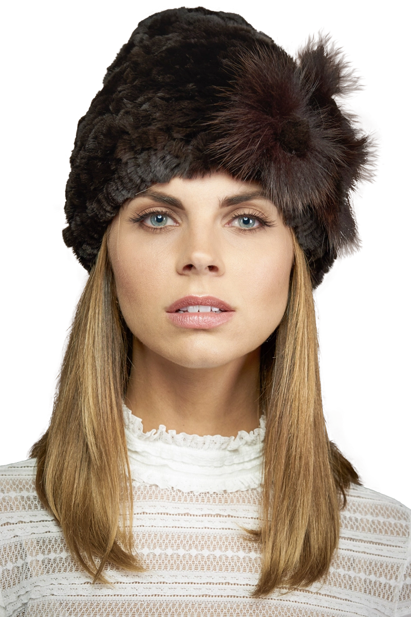 Brown EM-EL Knitted Rex Rabbit Fur Hat-Flower Detail