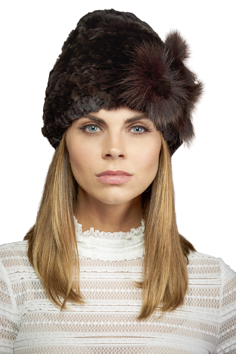 Brown EM-EL Knitted Rex Rabbit Fur Hat-Flower Detail