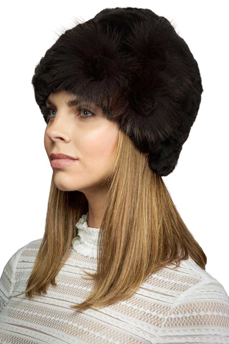 Brown EM-EL Knitted Rex Rabbit Fur Hat-Flower Detail