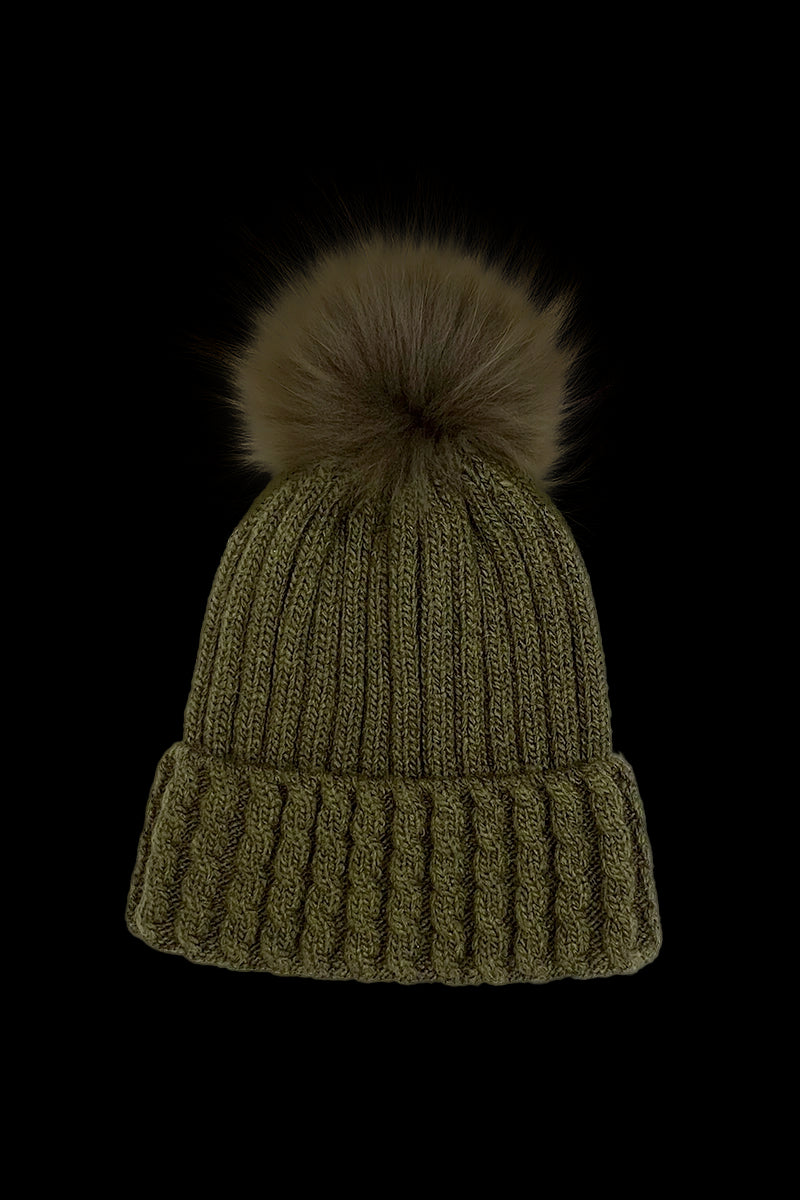 Olive Green EM-EL Greta Wool Hat with Detachable Fox Fur Pompom