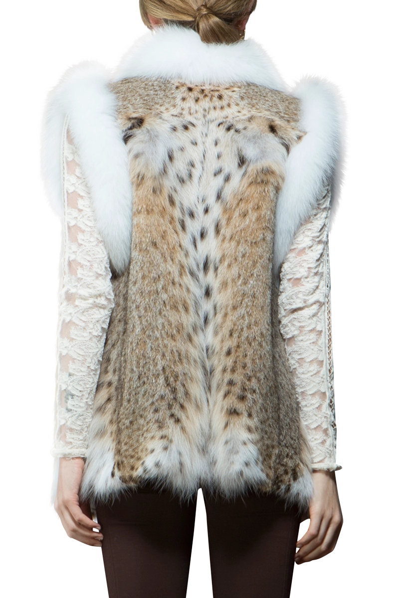 NaturalMulti Pologeorgis American Lynx and Fox Fur Vest Model Back View