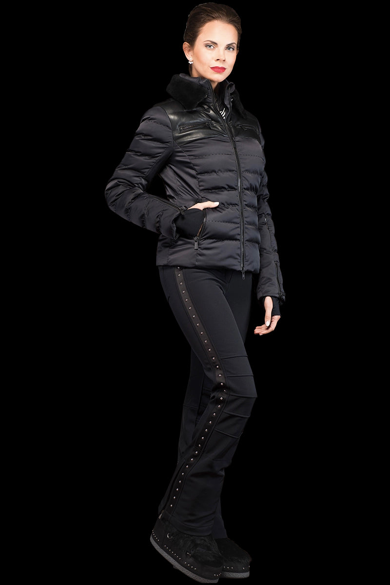 Black Toni Sailer Rhea Ski Jacket with Leather Panels and Lamb Collar