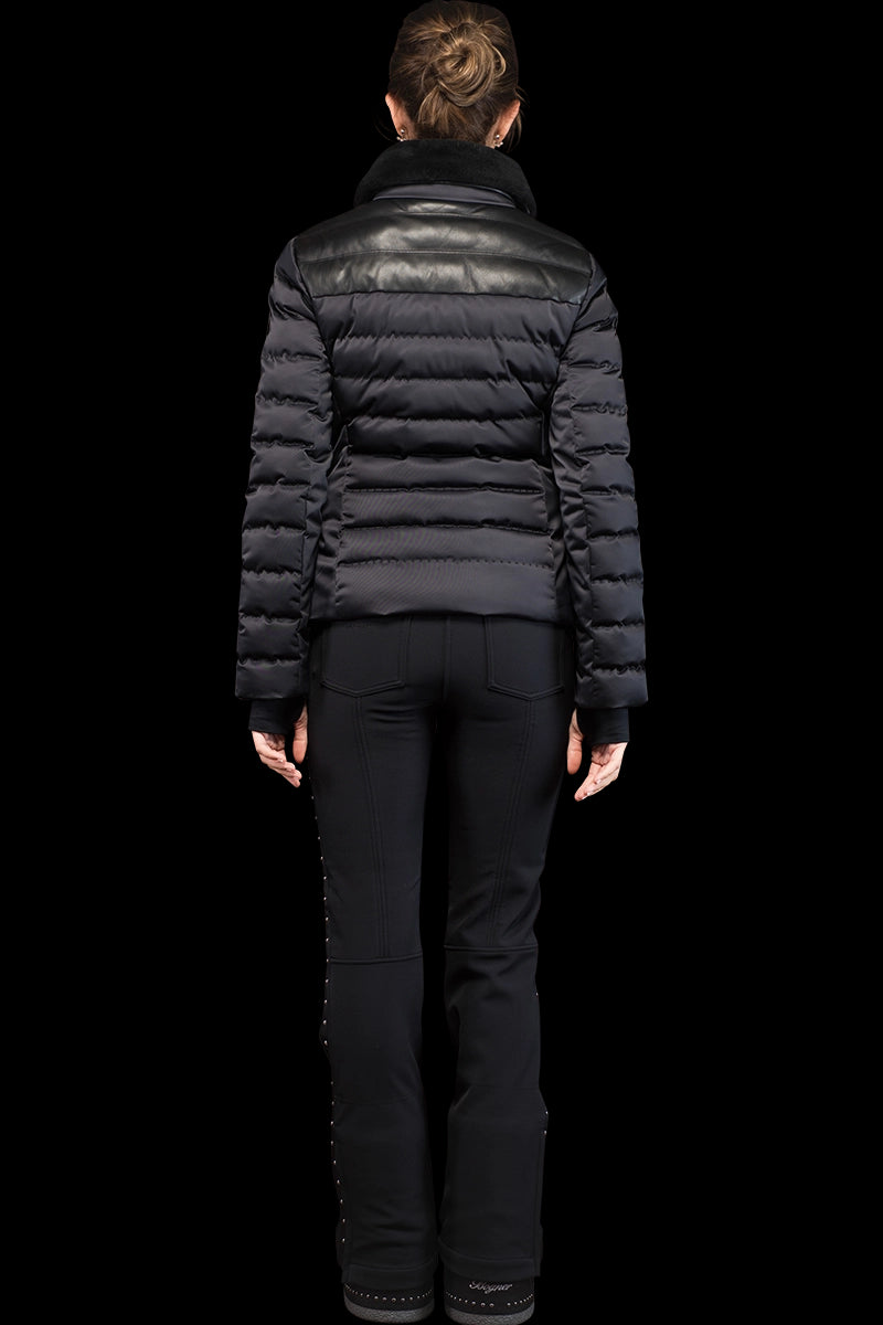 Black Toni Sailer Rhea Ski Jacket with Leather Panels and Lamb Collar