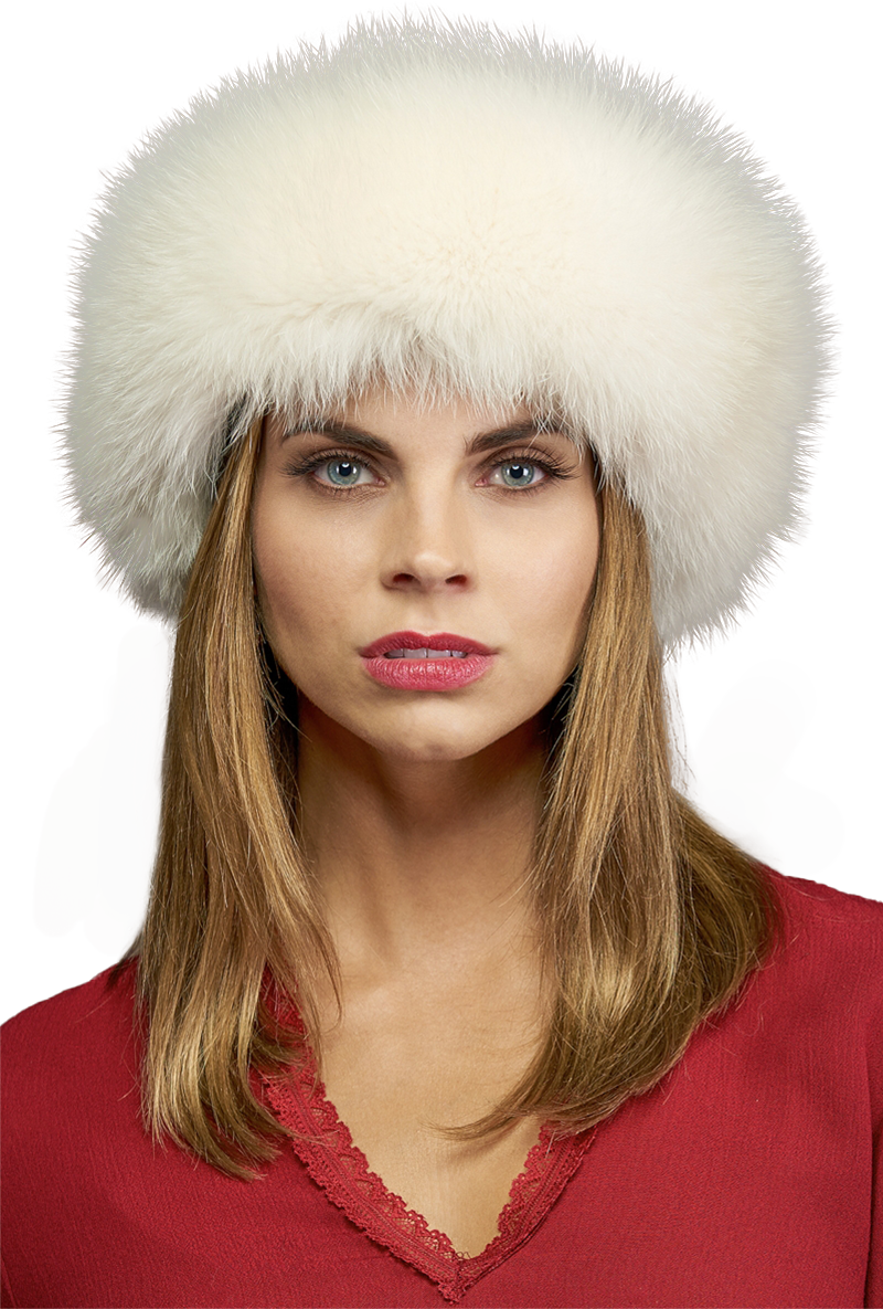 White Pologeorgis for EM-EL Fox Fur Headband Model Front View