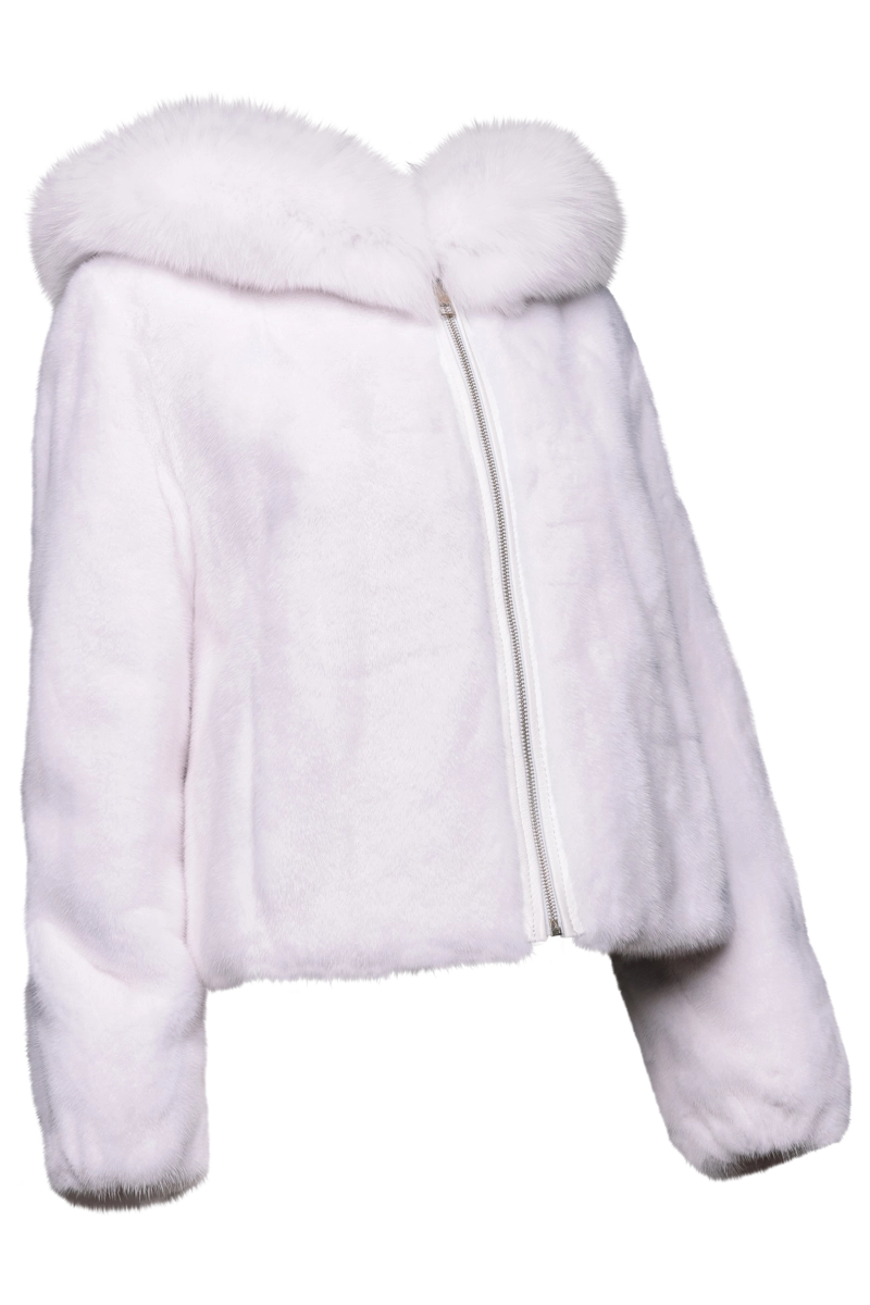 White EM-EL Women's Hooded Mink Fur Parka - Shadow Fox Trim Product Primary Side View