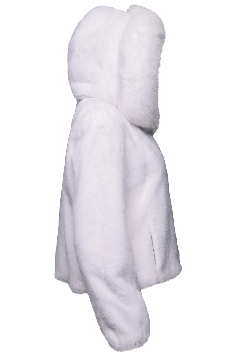 White EM-EL Women's Hooded Mink Fur Parka - Shadow Fox Trim Product Hood Side View
