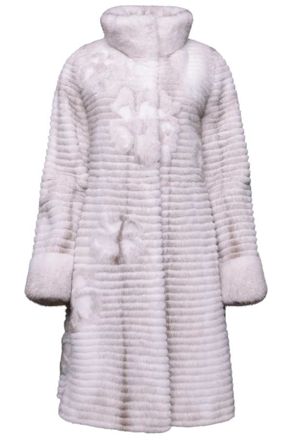 White/Gray EM-EL Women's Intarsia Flowers Silver Blue Feathered Mink Fur Coat Product Front View
