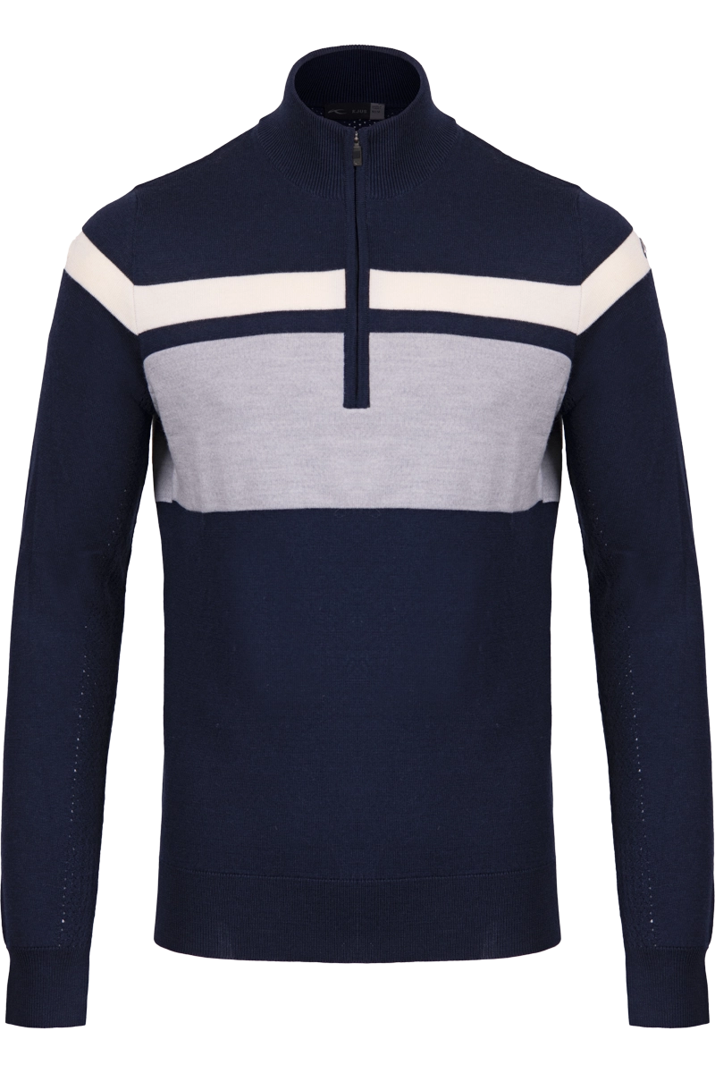 Navy/Cream Kjus Men's Stripe Half-Zip Merino Wool Ski Sweater Product Front View