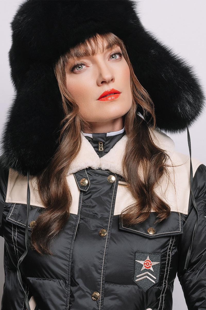 Black Lenore Marshall Oversized Unisex Trapper Fur Hat Model Front View