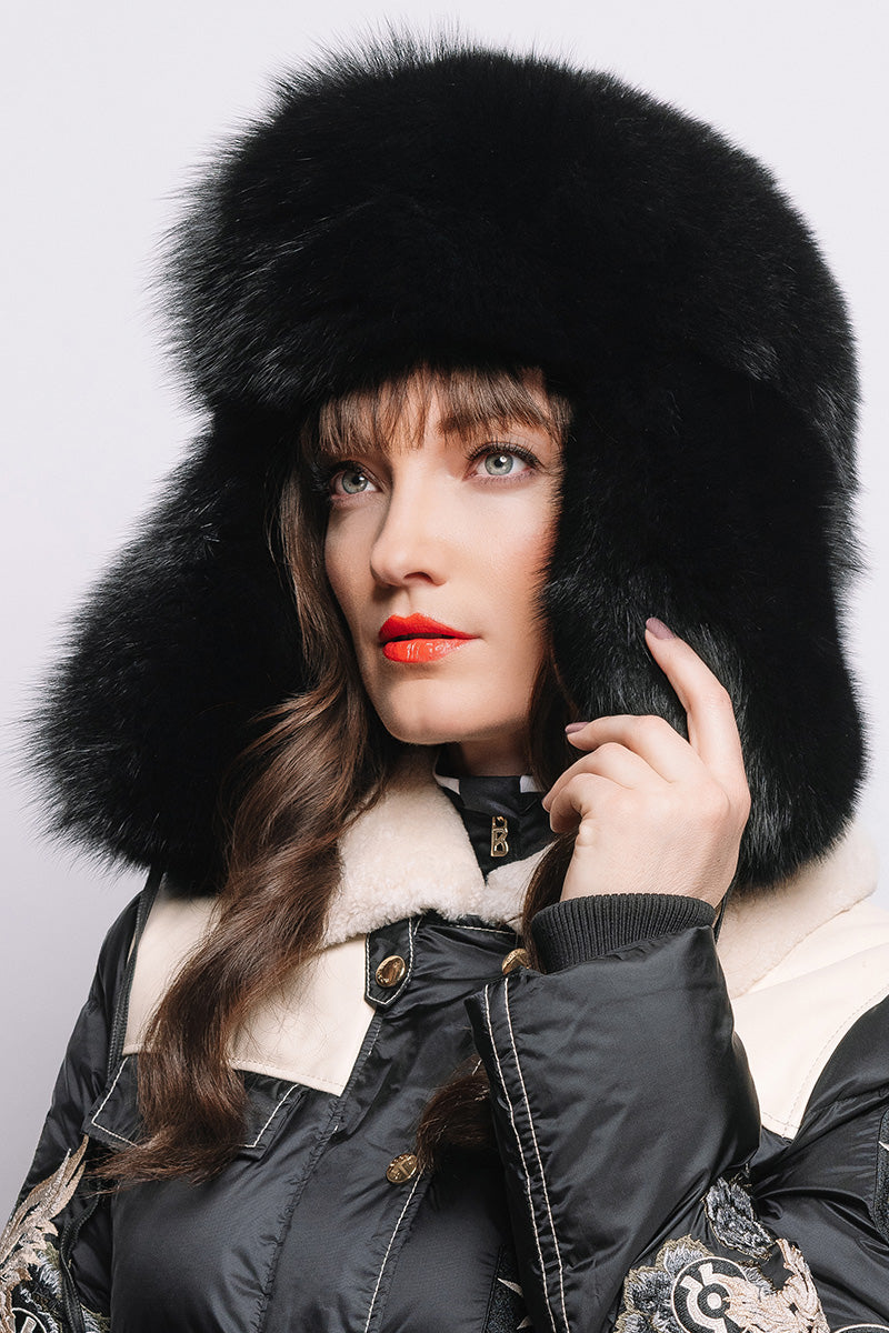 Black Lenore Marshall Oversized Unisex Trapper Fur Hat Model Side View