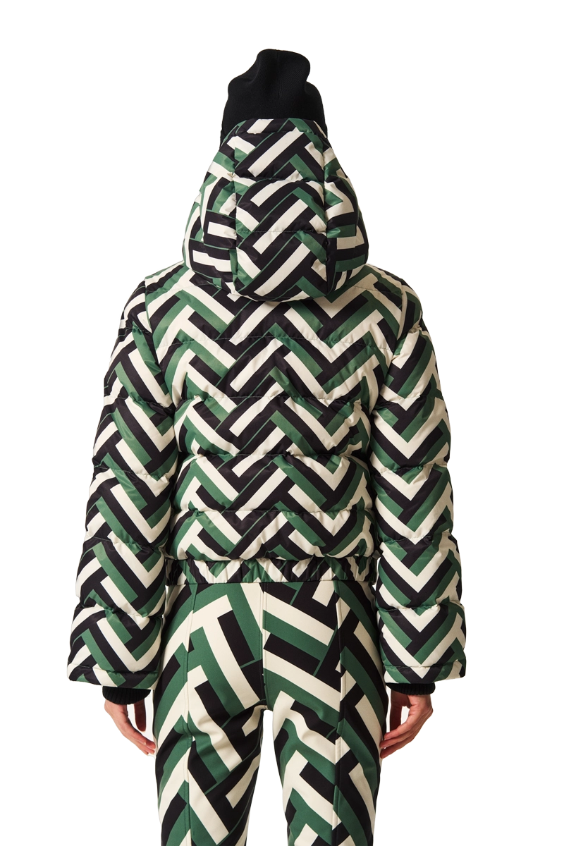 GreenWafflePrint Perfect Moment Women's Polar Flare Down Ski Jacket Model Back View