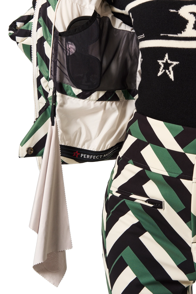 GreenWafflePrint Perfect Moment Women's Polar Flare Down Ski Jacket Model Goggle Pocket View