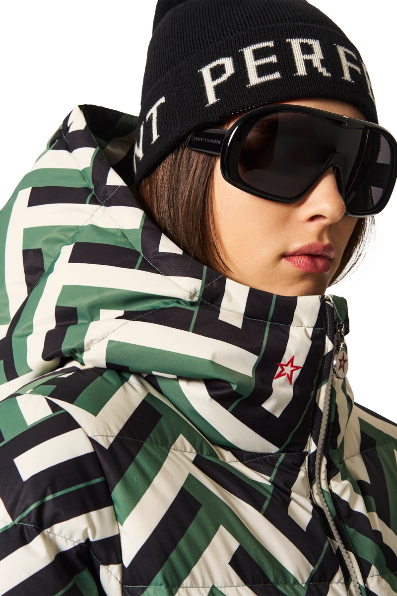 GreenWafflePrint Perfect Moment Women's Polar Flare Down Ski Jacket Model Side Hood View