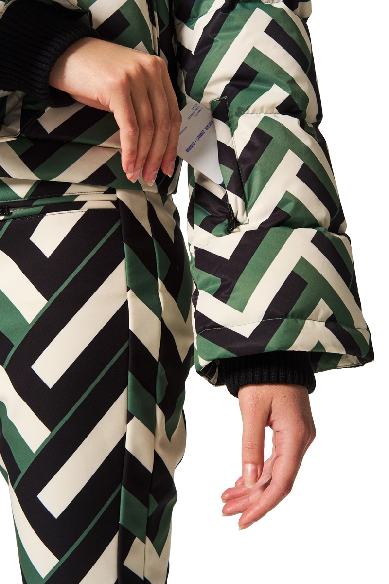 GreenWafflePrint Perfect Moment Women's Polar Flare Down Ski Jacket Model Ski Pass View