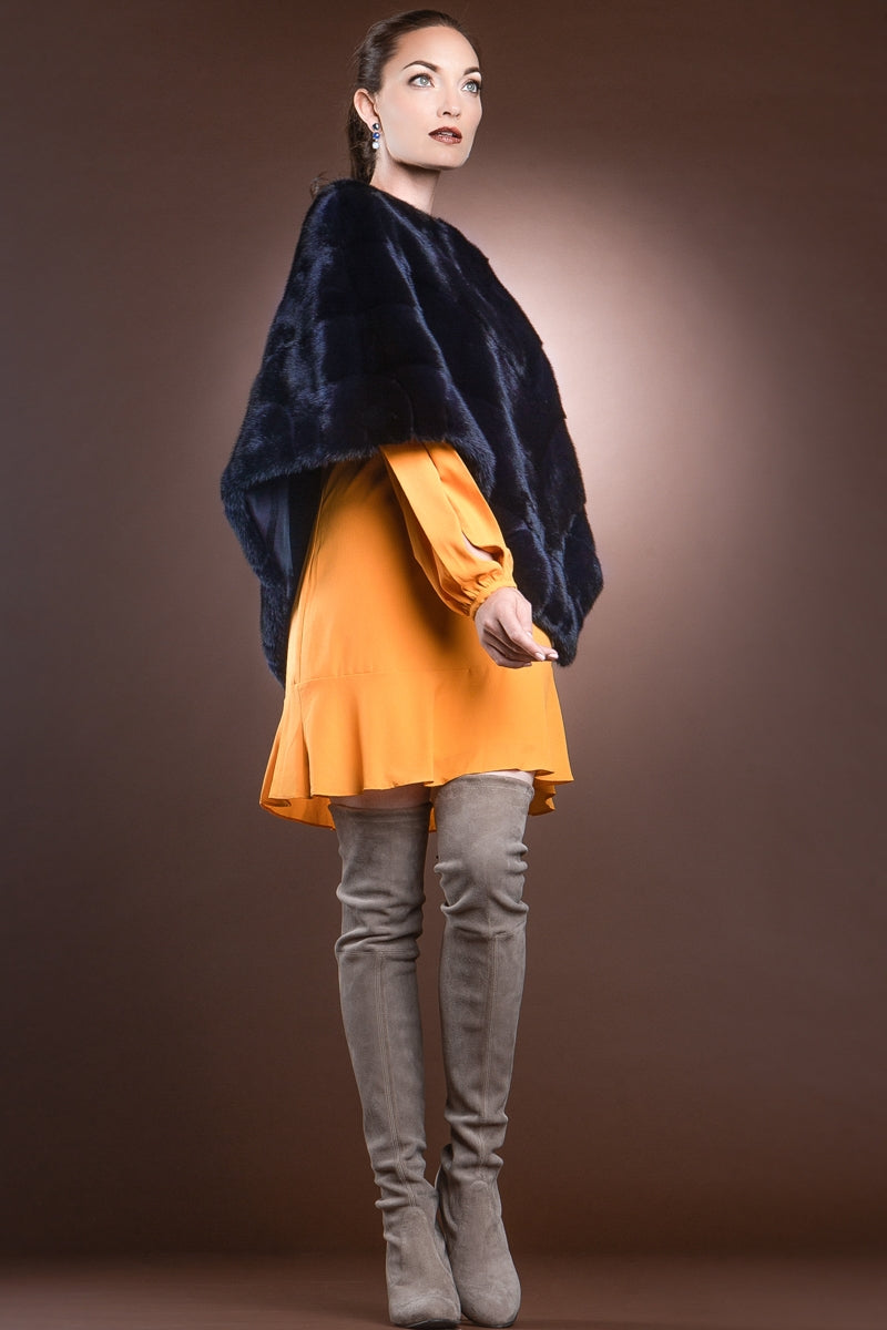 navyblue EM-EL Diagonal Mink Fur Poncho-Brick Border Pattern