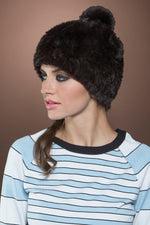 Brown EM-EL Rex Rabbit Pom Pom Knitted Fur Hat