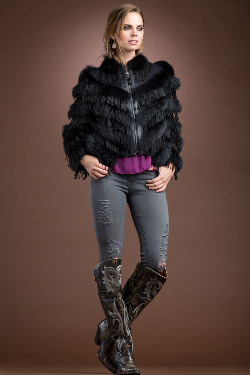 S EM-EL Black Fox and Suede Fringe Lace Fur Jacket