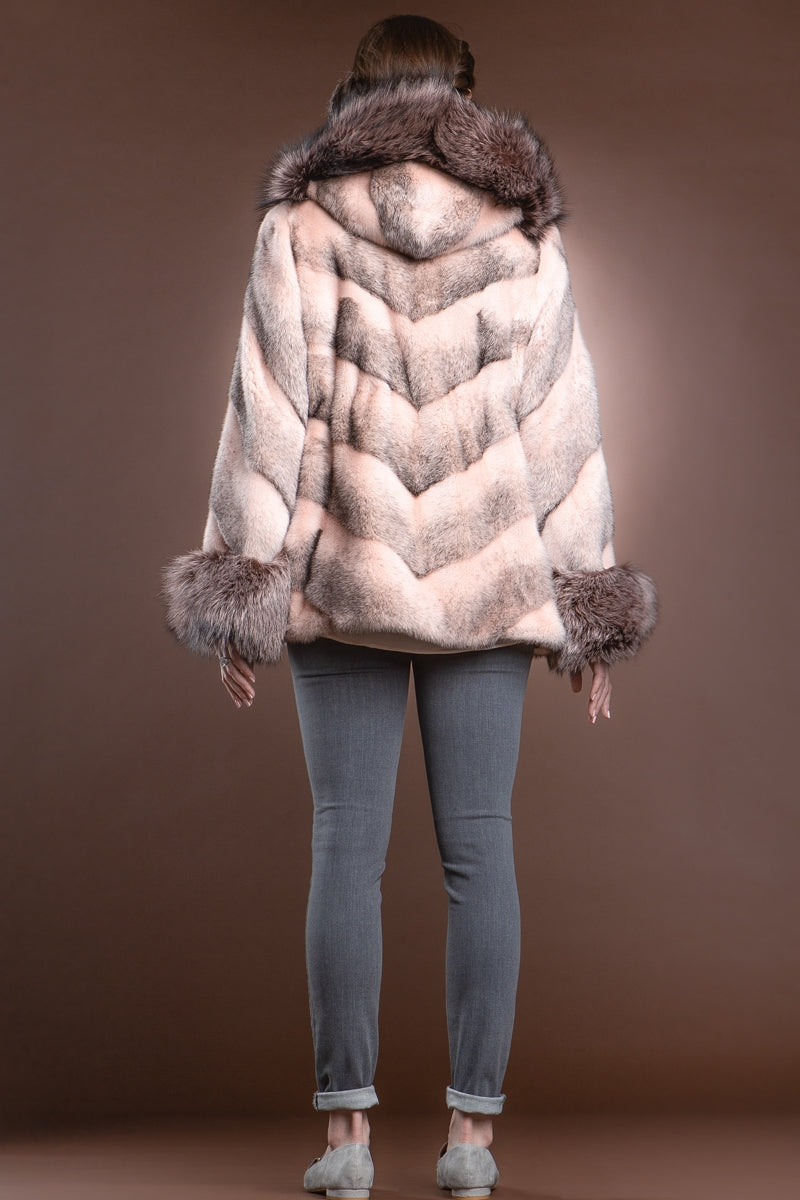 BabyPink Chalue Hooded Directional Chevron Mink Fur Jacket - Fox Fur Hood Trim and Cuffs