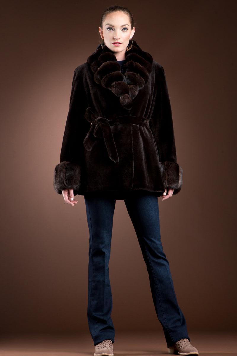 Brown EM-EL Sheared Mink and Chinchilla Fur Jacket - Notch Collar