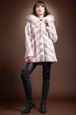  EM-EL Hooded Diagonal Light Pink Cross Mink and Fox Fur Jacket