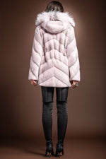  EM-EL Hooded Diagonal Light Pink Cross Mink and Fox Fur Jacket