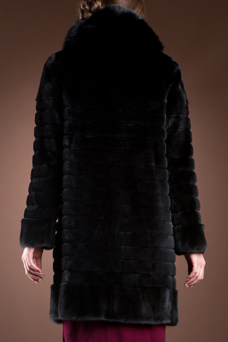  EM-EL Black Sheared Horizontal & Long Haired Mink Mid-Length Fur Coat - Detachable Fox Collar
