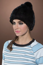 Black EM-EL Rex Rabbit Pom Pom Knitted Fur Hat