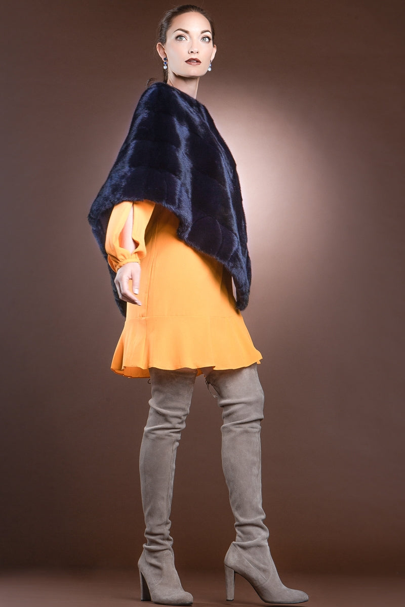 navyblue EM-EL Diagonal Mink Fur Poncho-Brick Border Pattern