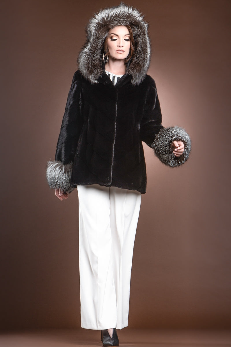 Black Chalue Hooded Directional Chevron Mink Fur Jacket - Fox Fur Hood Trim and Cuffs