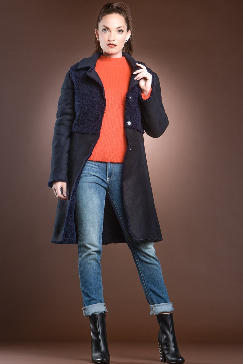  EM-EL Navy Blue Double Faced Mid-Length Shearling Coat