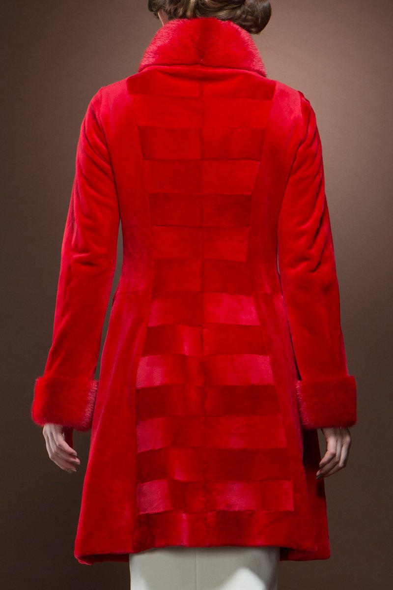 Bright Red Sheared - Long Haired Patterned Mid Length Mink Fur Coat
