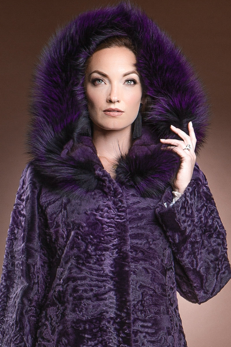  EM-EL Hooded Purple Karakul Mid-Length Fur Coat - Purple Fox Trim