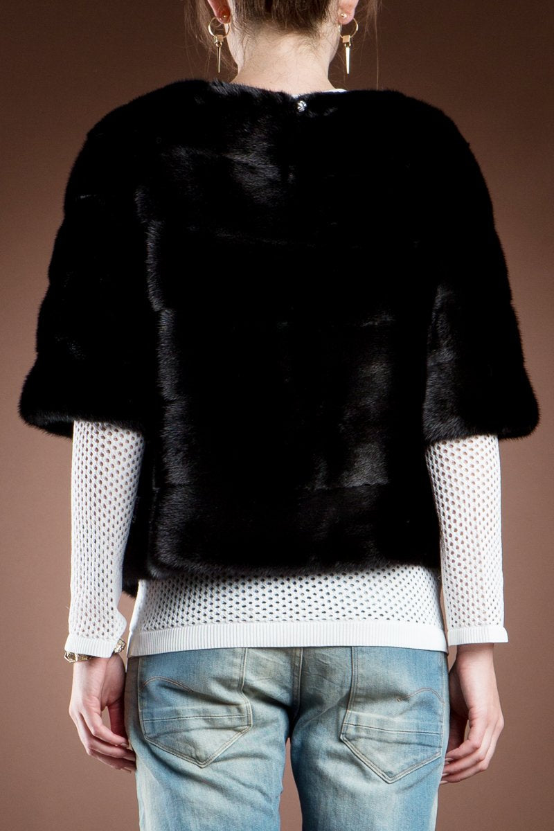 Black EM-EL Long Horizontal Blackglama Solid Color Mink Fur Pull - Over - Side Zipper 