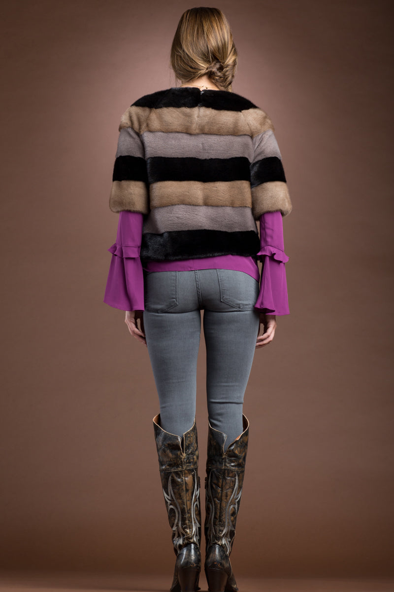 blackbeigepastel EM-EL Tri - Color Horizontal Mink Fur Pull - Over with Side Zipper