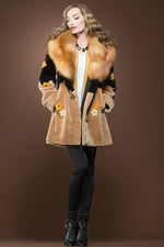  Zuki Meadow Onyx Sheared Beaver and Red Fox Mid-Length Fur Coat