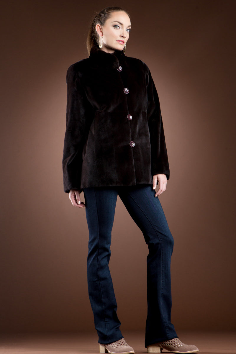 Brown Anamoda Reversible Horizontal Super Sheared & Long Haired Mink Fur Jacket