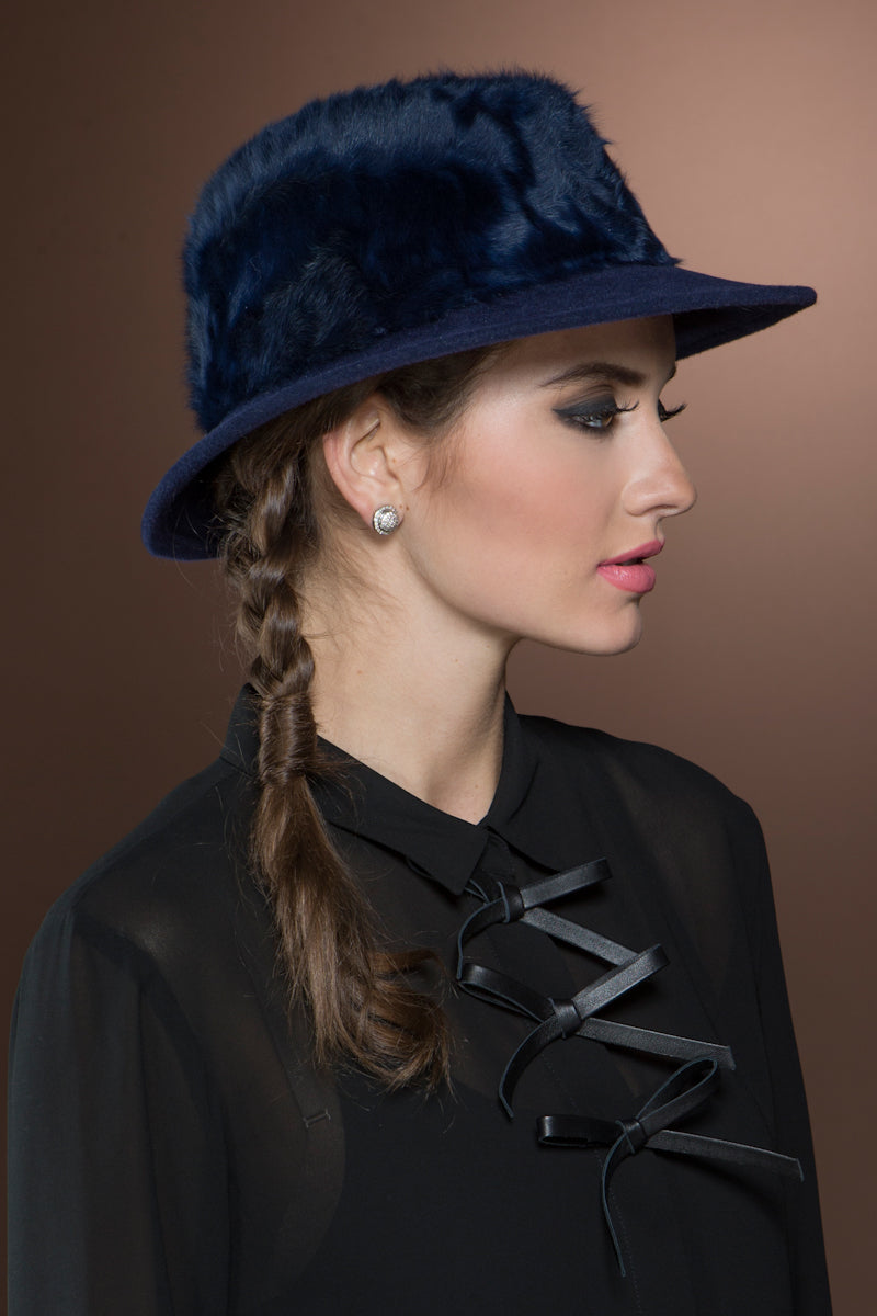 NavyBlue Lenore Marshall Lamb Fur and Velour Fedora Hat