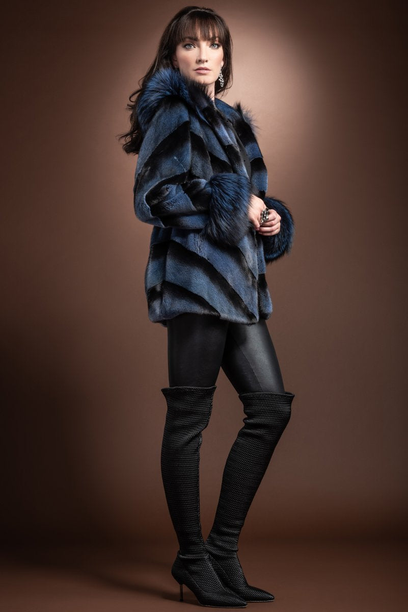 DenimBlue Hooded Directional Chevron Mink Fur Jacket - Fox Fur Hood Trim and Cuffs