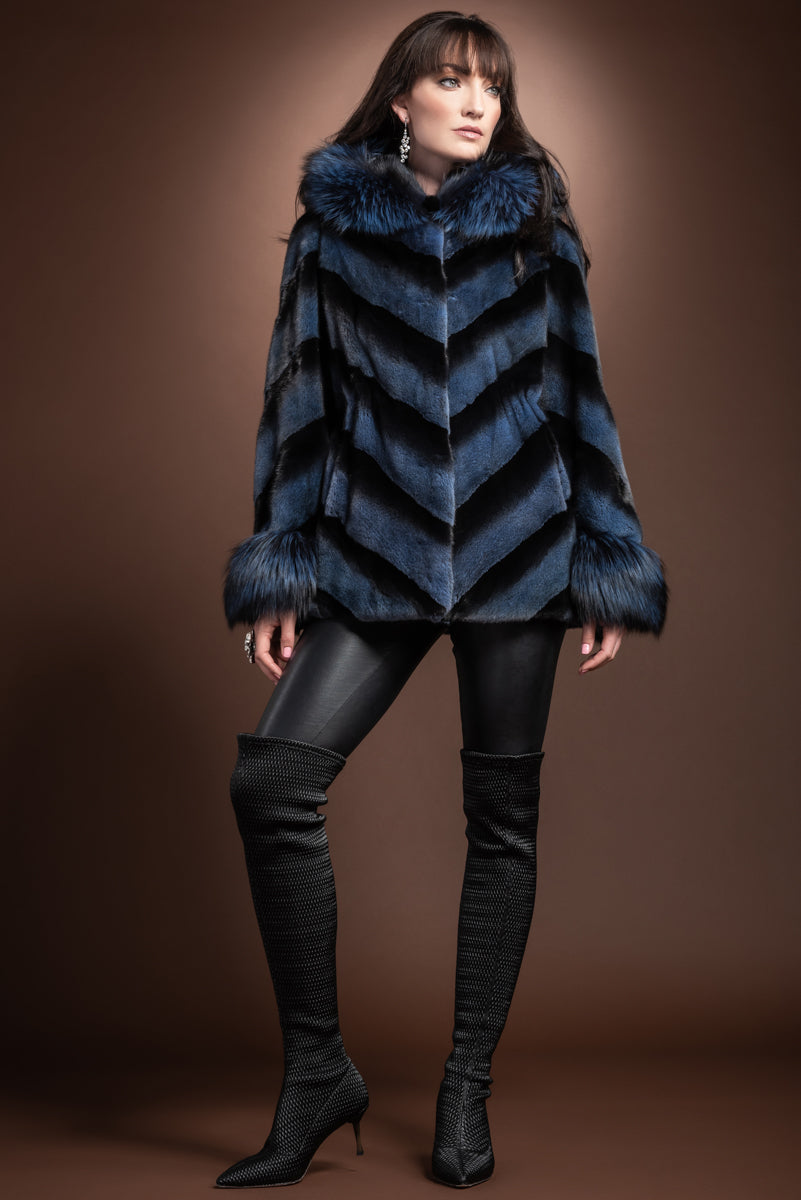 DenimBlue Hooded Directional Chevron Mink Fur Jacket - Fox Fur Hood Trim and Cuffs