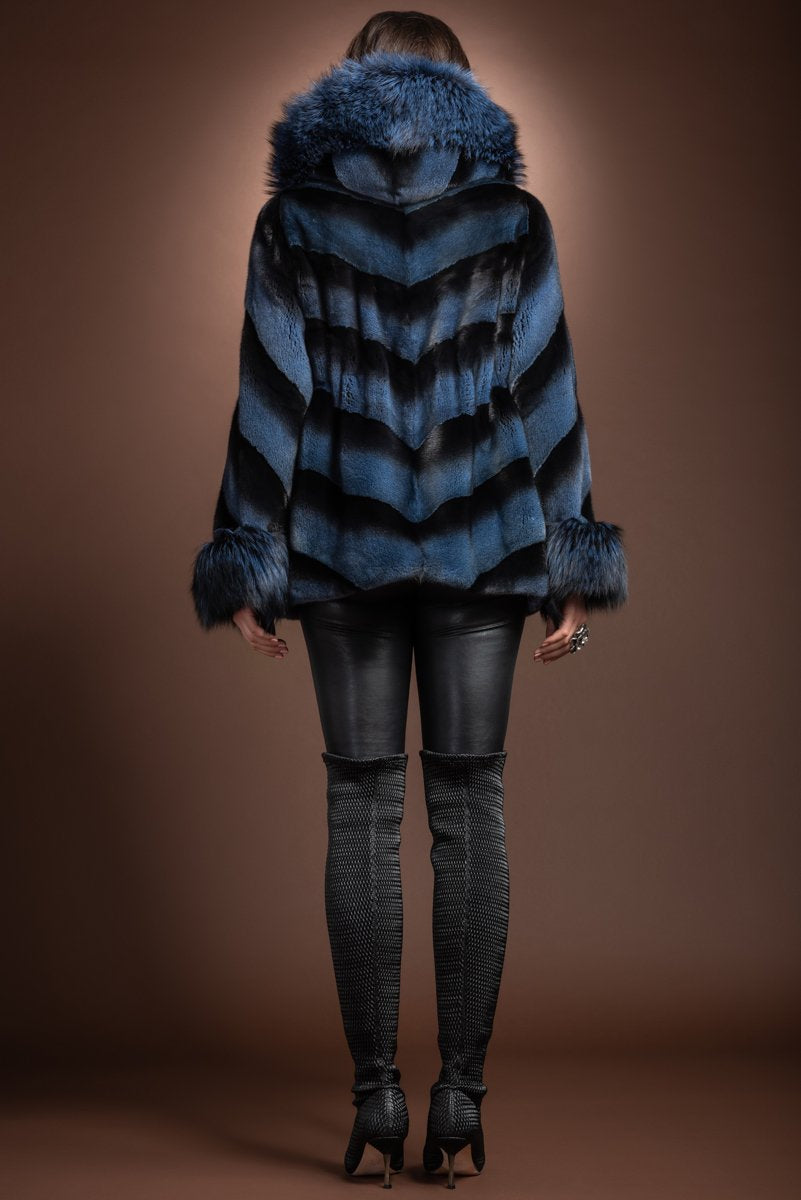 DenimBlue Hooded Directional Chevron Mink Fur Jacket - Fox Fur Hood Trim and Cuffs