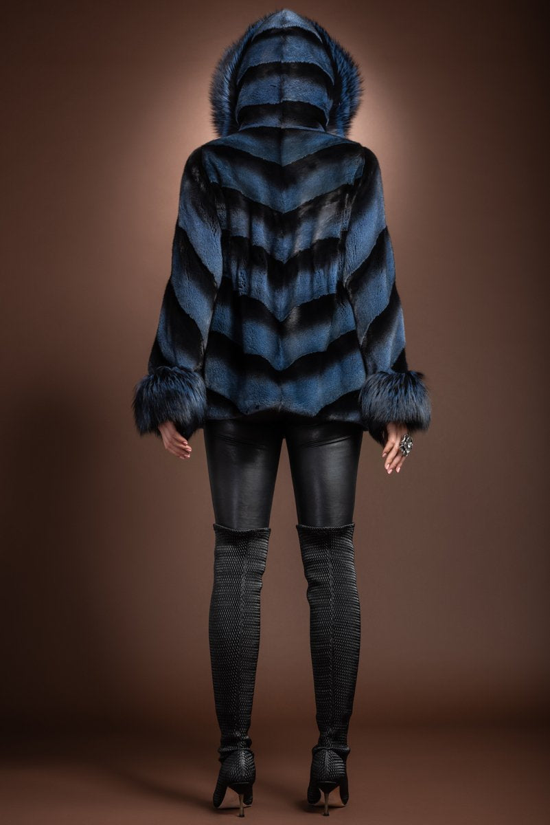 DenimBlue Hooded Directional Chevron Mink Fur Jacket - Fox Fur Hood Trim and Cuffs