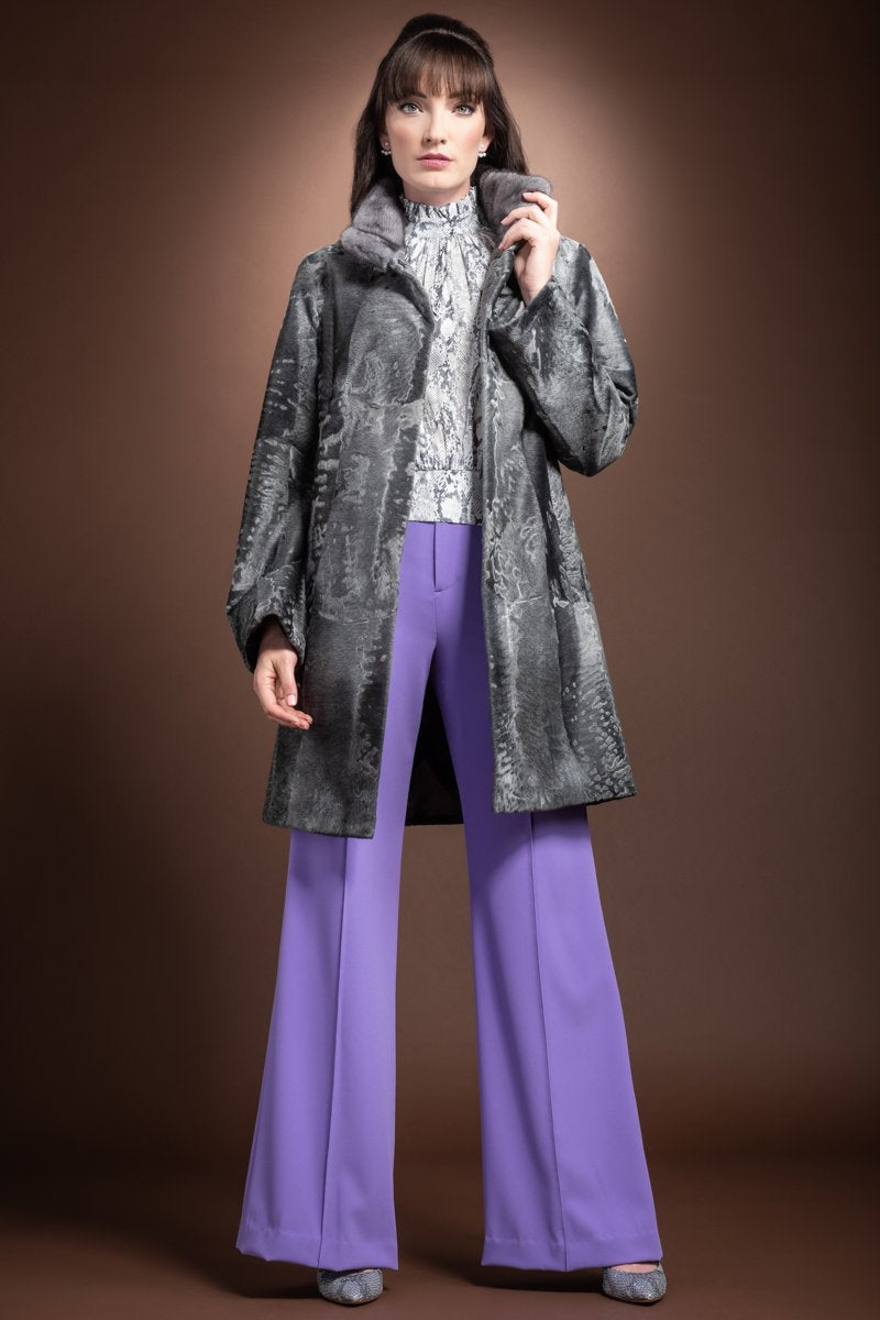 Gray EM-EL Blue Iris Mink Trimmed Straight Gray Russian Mid Length Broadtail Fur Coat