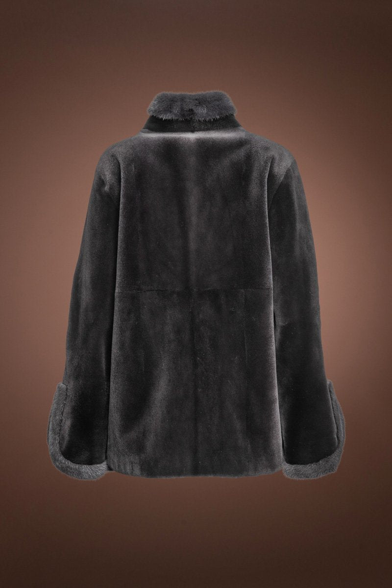 Charcoal Pologeorgis Women's Split Cuff Sheared & Long Haired Mink Fur Jacket