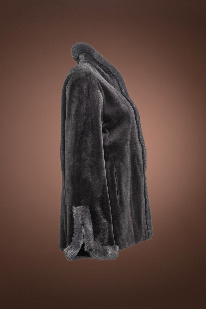 Charcoal Pologeorgis Women's Split Cuff Sheared & Long Haired Mink Fur Jacket