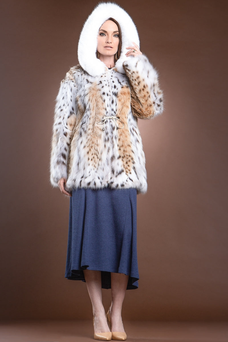 NaturalMultiWhite Zandra Rhodes Hooded American Lynx and Fox Anorak Fur Jacket