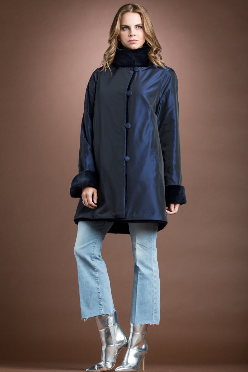 NavyBlue Zandra Rhodes Reversible Super Sheared Mink Mid-Length Fur Coat