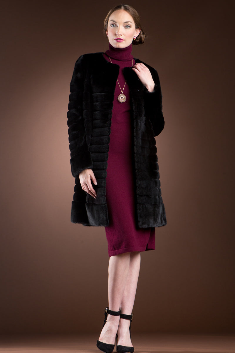  EM-EL Black Sheared Horizontal & Long Haired Mink Mid-Length Fur Coat - Detachable Fox Collar