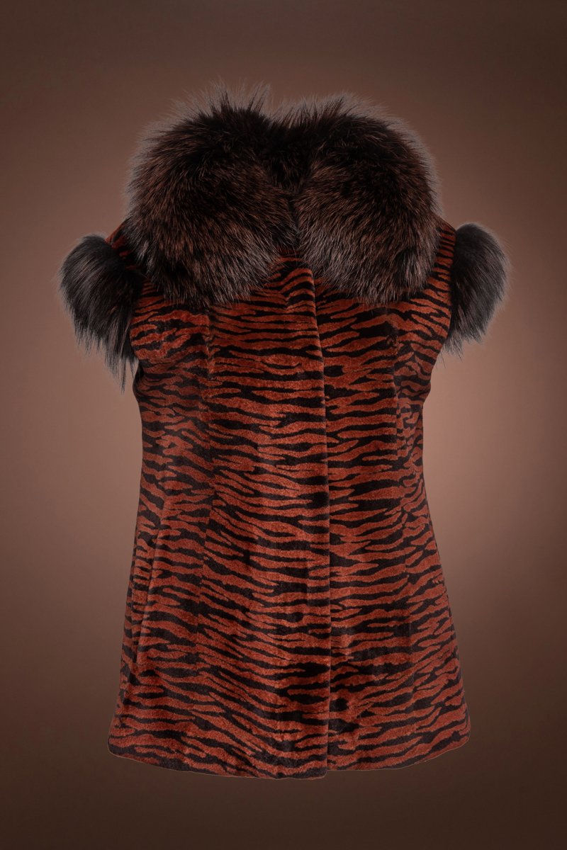 Orange EM-EL Women's Tiger Print Sheared Mink Vest - Fox Cap Sleeves
