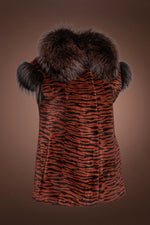 Orange EM-EL Women's Tiger Print Sheared Mink Vest - Fox Cap Sleeves