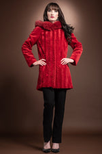 Red EM-EL Hooded Fox Fur Trimmed Grooved Mid Length Mink Fur Coat
